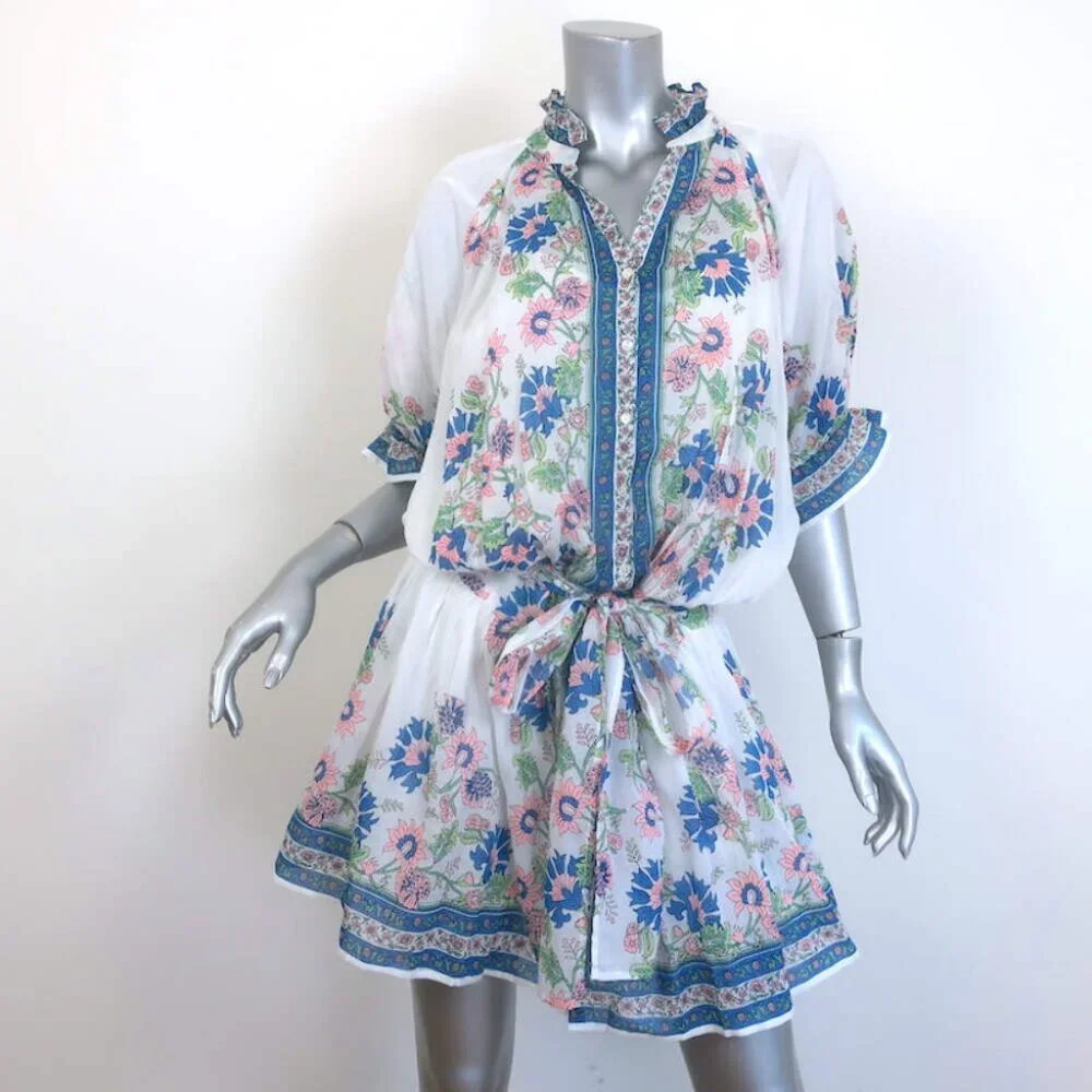 Juliet Dunn Blouson Tie-Waist Mini Dress White Rose Border Print Cotton Size 2 - Picture 1 of 7